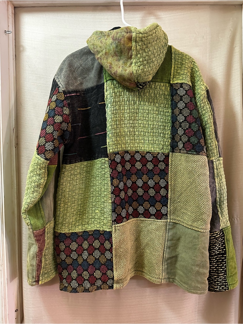 Vintage Patchwork Woven Hooded Jacket Hippie Grunge Boho Festival Y2K Men’s - Picture 6 of 8